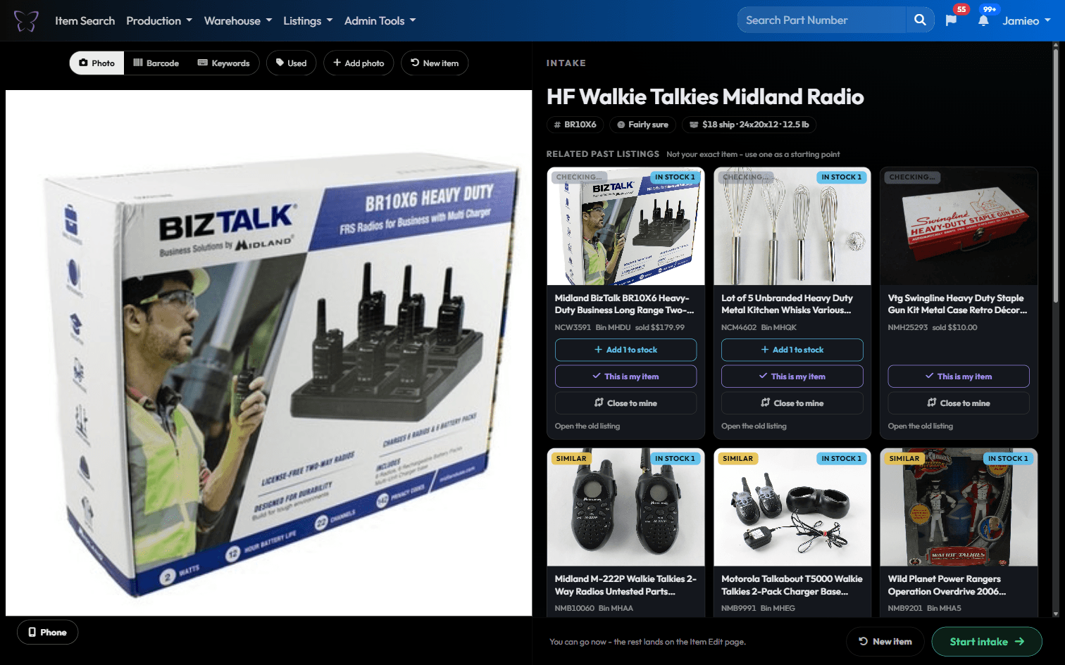 The Hub intake screen: one photo of a boxed walkie-talkie set, identified with related past listings, live comps, and a shipping estimate