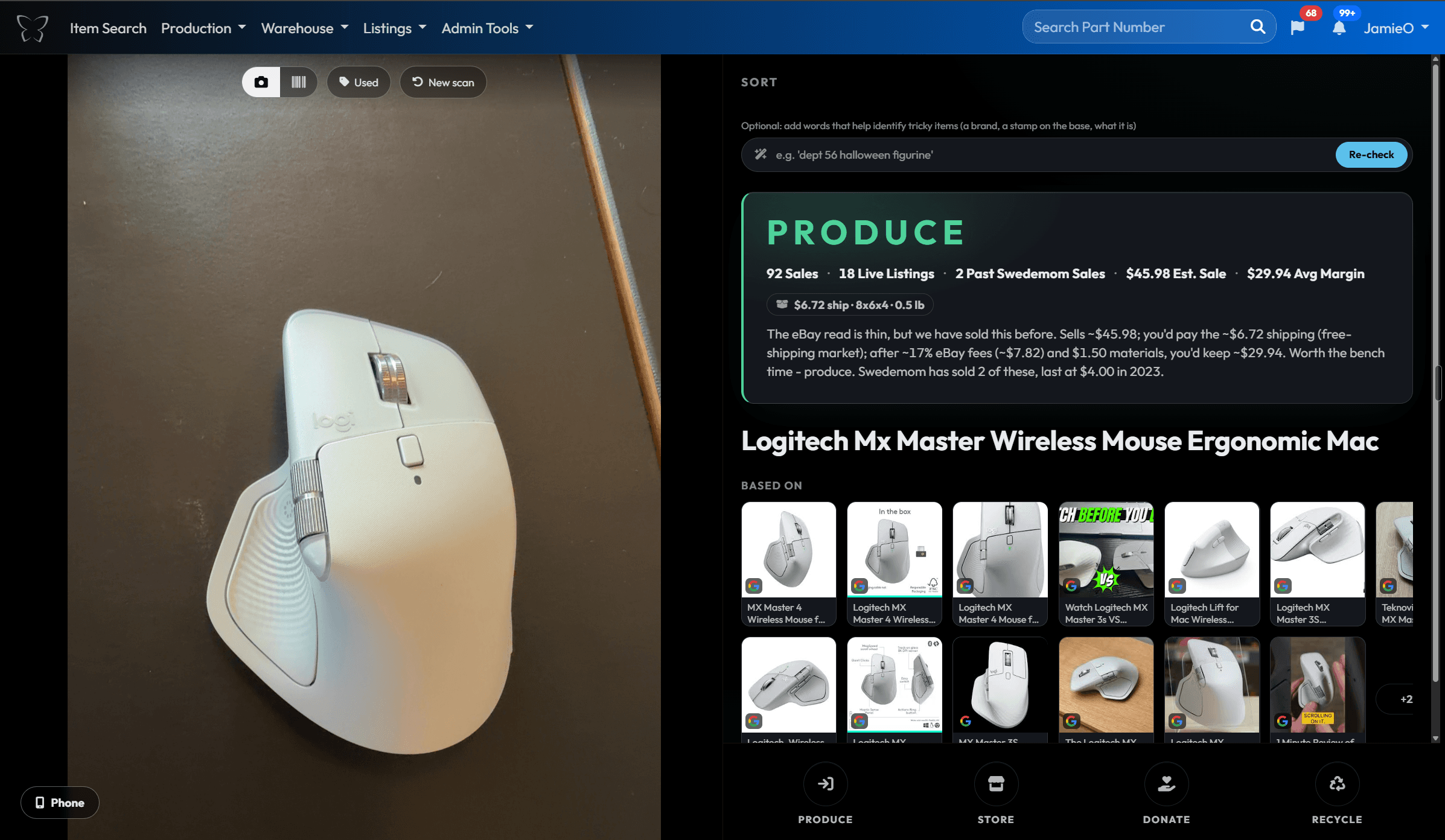 The Hub Sort screen: a photographed Logitech mouse identified in seconds, with a Produce verdict, 92 comparable sales, an estimated sale price, the margin, and a plain-English reason